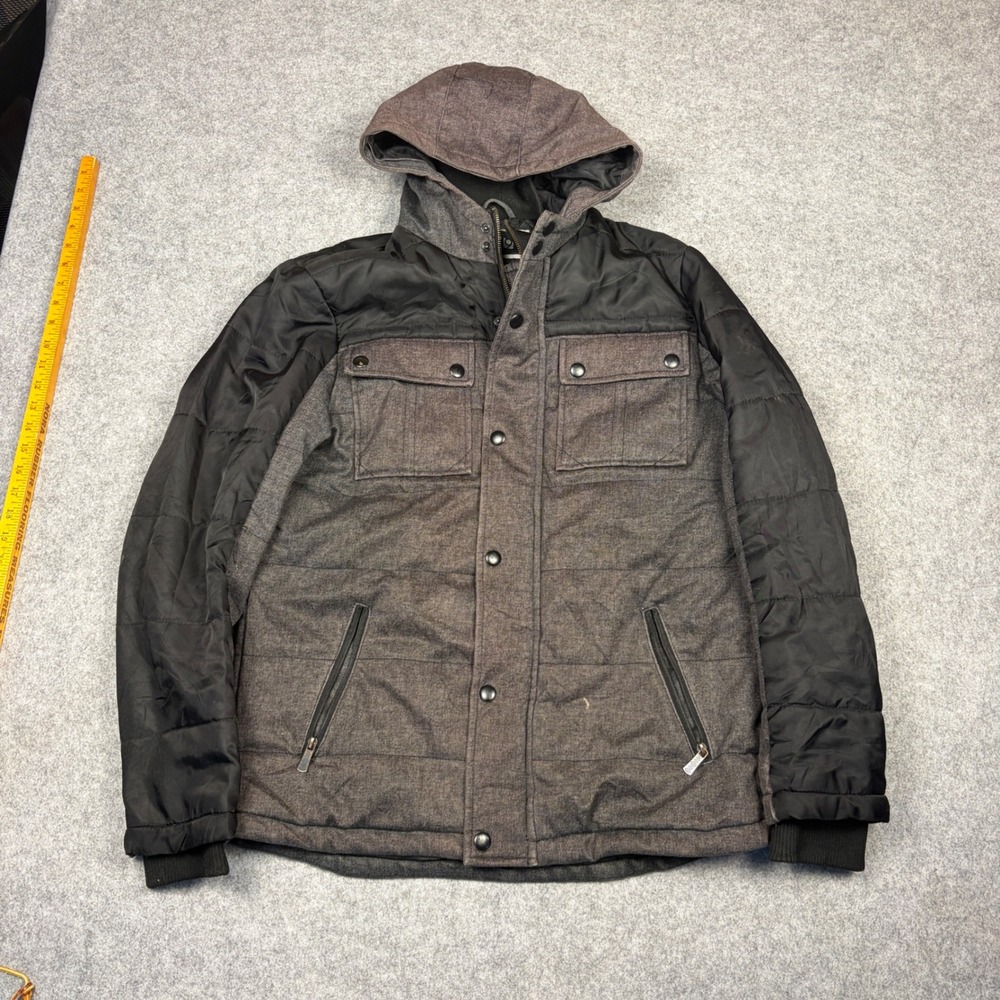 Apt 9 Mens Hooded Puffer Jacket Grey Black Mixed Media Quilted Coat Size M